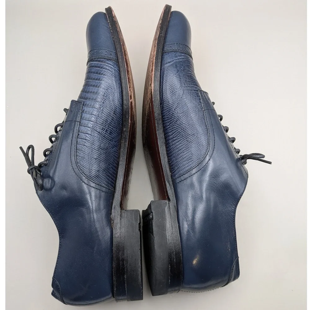 Stacy Adams Madison Navy Blue Leather Lizard Embossed Cap Toe Oxfords Mens 10 D